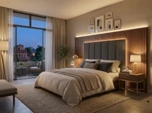 Charcoal channel-tufted headboard framed by wood slat paneling