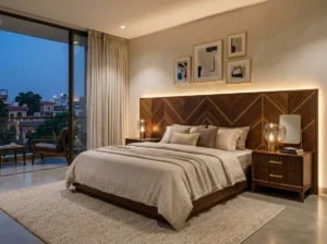 Walnut bed with chevron panel headboard and brass inlay