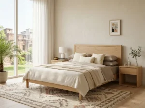 Light oak bed with diagonal inlay headboard