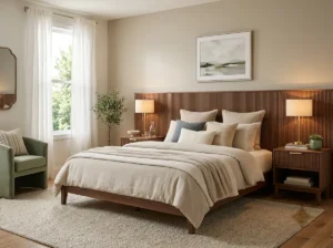 Bed with fluted wood headboard and floating nightstands