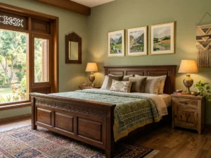 Traditional carved wood bed with matching carved mirror in a green-toned room