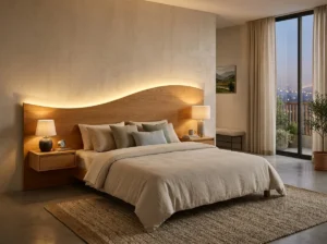 Curved headboard built directly into the bedroom wall with backlighting