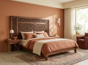 Bed with large jali-carved wood headboard