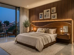 Wood panel bed with a wave-shaped top edge against a slatted wall