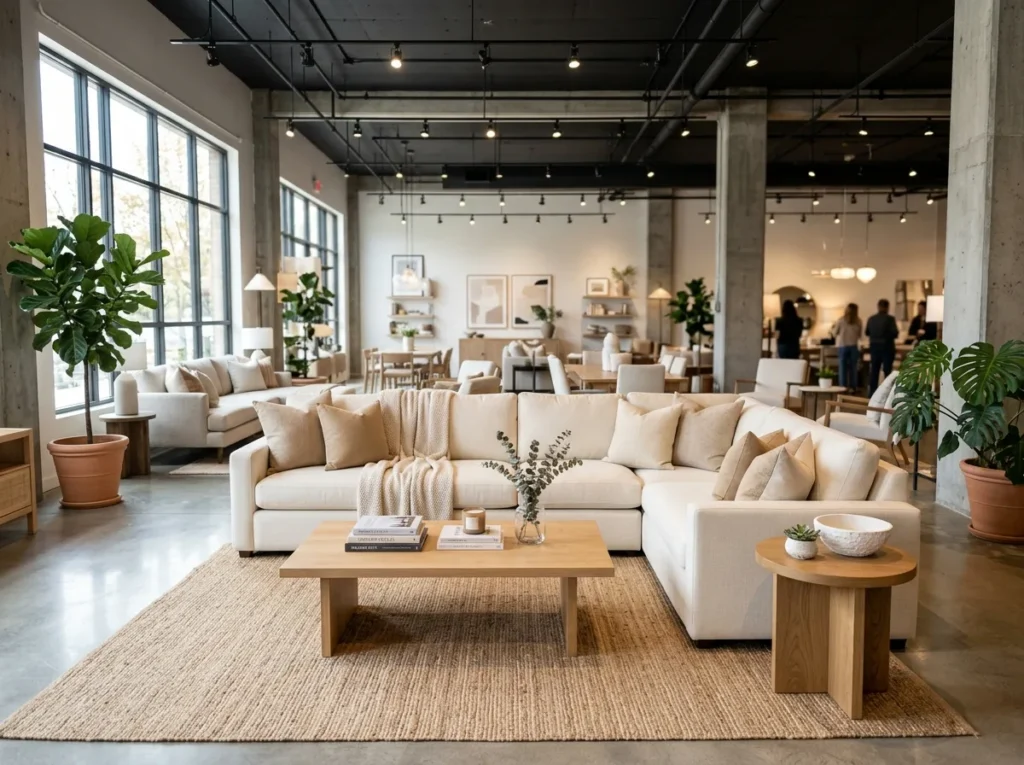 Modern furniture showroom featuring a large white fabric L-shaped sectional sofa with neutral throw pillows, a light wood coffee table, and a round wood side table on a cream jute rug.