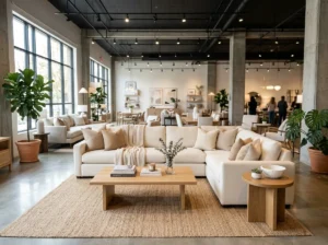 Modern furniture showroom featuring a large white fabric L-shaped sectional sofa with neutral throw pillows, a light wood coffee table, and a round wood side table on a cream jute rug.