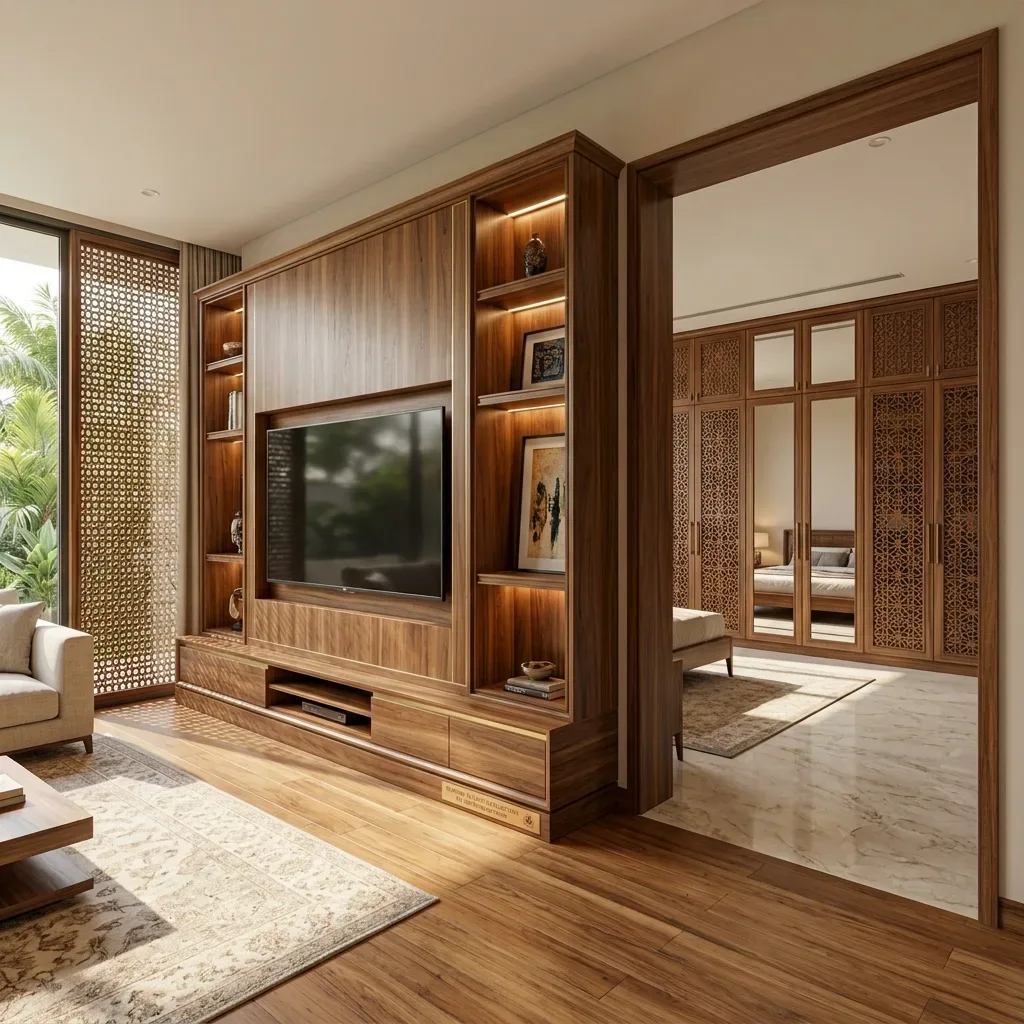 Bespoke walnut media wall and handcrafted wooden wardrobe in a luxury Lahore home interior with natural sunlight.